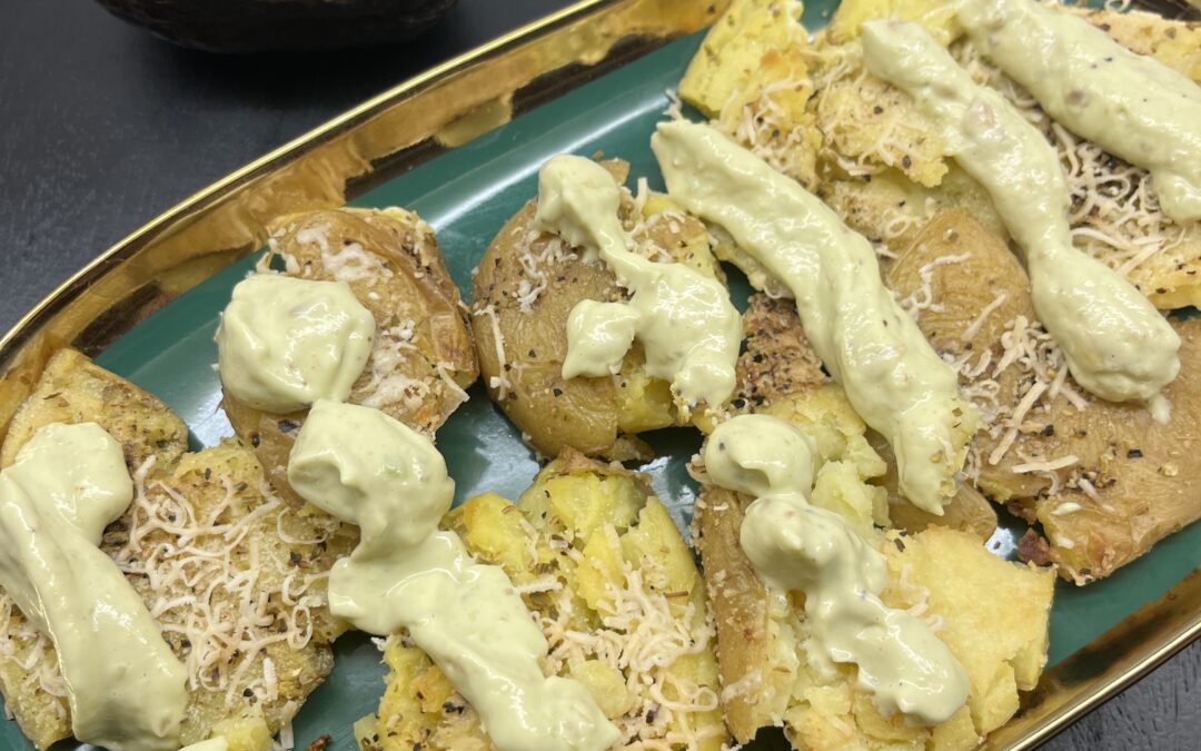 Crispy Smashed Potatoes with Avocado Cream Sauce