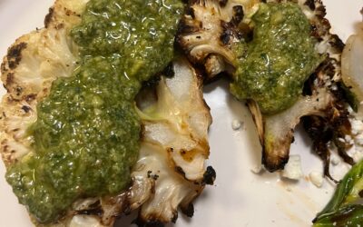 Cauliflower Steaks with Spinach Basil Pesto