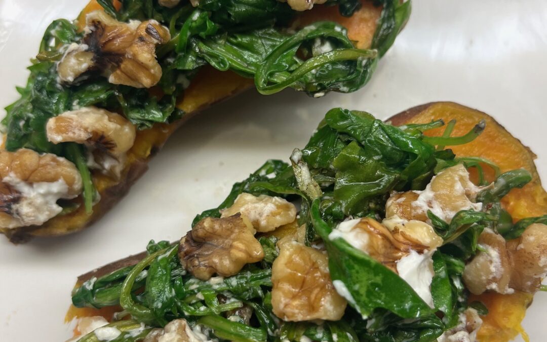 Sweet Potato Boats with arugula walnuts and goat cheese