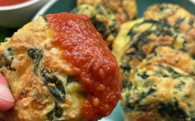 Cheesy Spinach Balls with Red Dipping Sauce